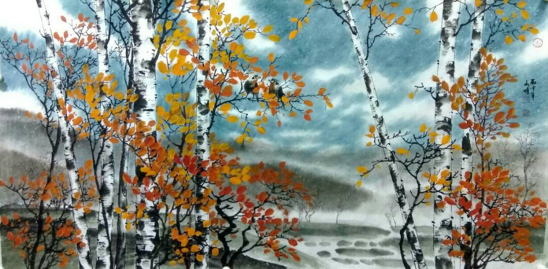 孙胤博彩墨国画白桦林系列之《清秋细语》,规格:四尺整纸1.38×0.