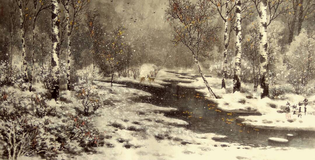 孙胤博彩墨国画白桦林雪景系列之《雪落无声》,规格:四尺整纸1.38×0.